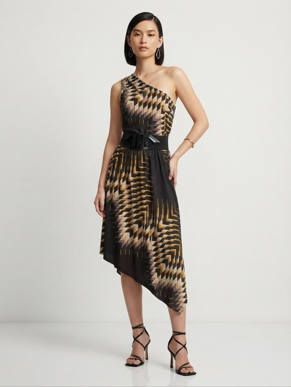 NEW Asymmetric One-Shoulder Geometric Print Dress Size 6
